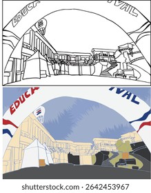 Vista de um edifício na perspectiva humana com o portão de balão Vetor