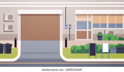 View of building with roller shutters garage door and entrance. Asian exterior of a house with garage, sidewalk and air conditioning
