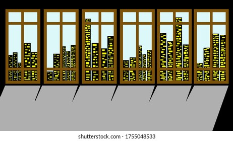 La vista del edificio a través de la ilustración vectorial de diseño de ventanas