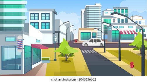 View of buildings and city street in flat illustration