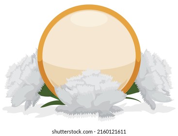 View of button with golden frame and beautiful white carnations around it like symbol of purity and good luck. Design isolated in cartoon style.
