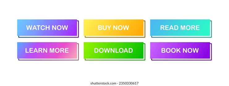 View buttons. Flat, color, watch now, buy now, learn more, read more, download, book now buttons. Vector icons