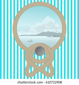 View from the Cabin to the Ocean Bay with Mountains and a Ship , Sea Picture with a Rope on Blue Striped Wall, Vector Illustration 