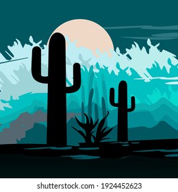 View of the cactus forest at night against a beautiful hillside backdrop. Illustration vector.