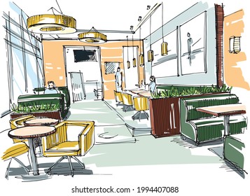 View of the cafe interior - hand-drawn sketch
