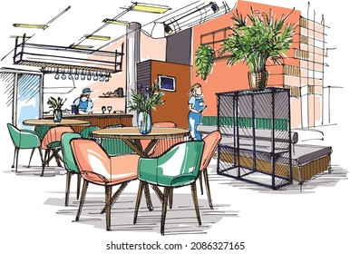 View Of The Cafe Interior - Hand-drawn Sketch