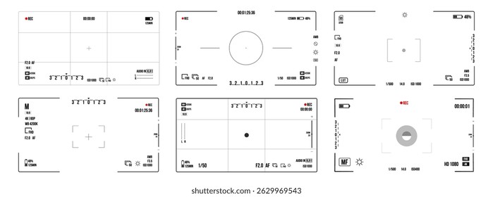 View from camcorder with shutter focus and vector background shows movie capture and surveillance finder interface for black and white cinematic illustration and videography web project