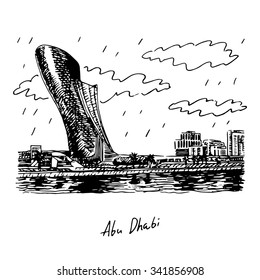 View of the Capital Gate Tower in Abu Dhabi, UAE. Vector hand drawn sketch
