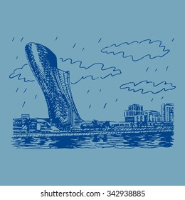 View of the Capital Gate Tower in Abu Dhabi, UAE. Vector hand drawn sketch