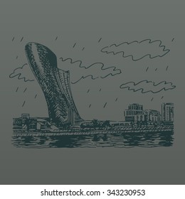 View of the Capital Gate Tower in Abu Dhabi, UAE. Vector hand drawn sketch
