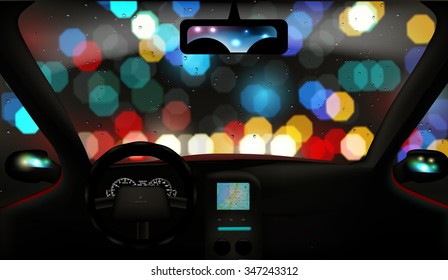 View from the car driver seat during rainy night with hexagonal blurred city lights.  Vector file include layers so its very easy to add additional objects that will appear behind the windshield 