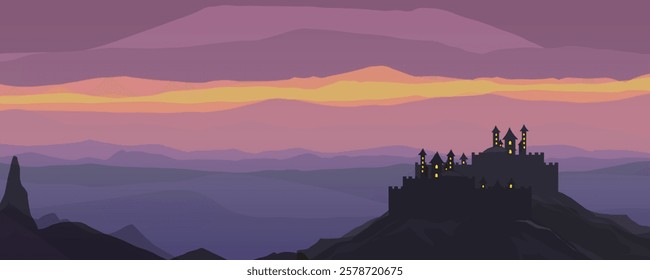 view of a castle fortress on a hill with a sunset sky background