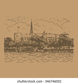 View of the Castle on the banks of River Daugava in Riga, Latvia. Vector freehand pencil sketch.
