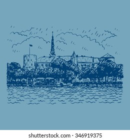 View of the Castle on the banks of River Daugava in Riga, Latvia. Vector freehand pencil sketch.
