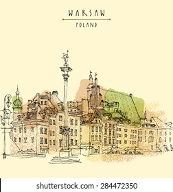 View of Castle Square in old center of Warsaw, Poland. Historical buildings line art. Vector drawing with a pen and pencils on paper. Travel sketch, hand lettering. Colorful vintage postcard  template