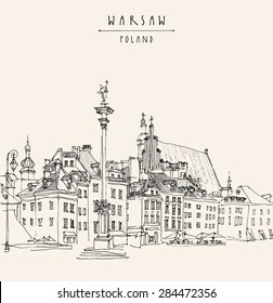 View of Castle Square in old center of Warsaw, Poland. Historical buildings line art. Vector drawing with a pen and pencils on paper. Travel sketch, hand lettering. Monochrome postcard  template