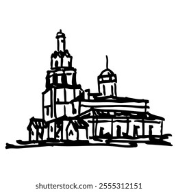 View of the Cathedral of Nativity of the Virgin Mary in Sviyazhsk, Republic of Tatarstan, Russia. Destroyed Russian Orthodox temple. Hand drawn linear doodle rough sketch. Black and white silhouette.