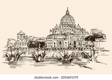 View of the Cathedral of St Peter over the Tiber River in Rome. Quick sketch.