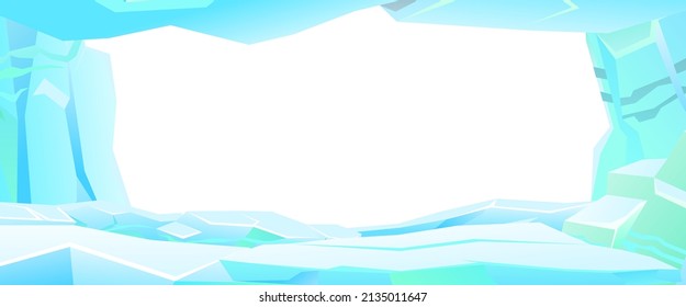 View from cave. Arctic landscape. Iceberg ice Antarctica. Beautiful winter scenery. Ice freeze into ocean. Cold frozen water. Vector.