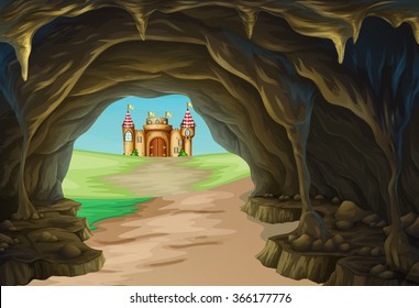 View of cave and castle illustration