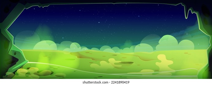 Vista desde la cueva en la superficie verde del planeta alienígena con cráteres y niebla tóxica en el aire. Dibujo vectorial de dibujos animados de tierras deshabitadas con gas venenoso y cielo estrellado nocturno. Fondo de juego de aventura espacial