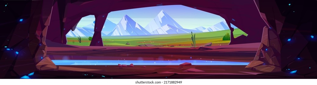 View from cave in mountain with scenery nature landscape of rocks, green valley and blue sky. Hidden underground cavern with clear lake inside, panoramic game background, Cartoon vector illustration