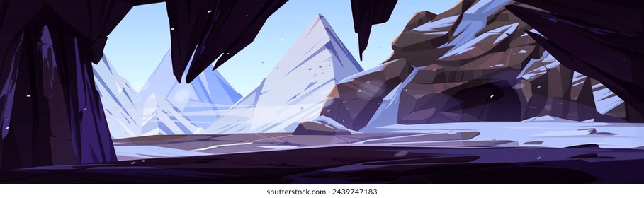 View from cave at snowy mountains. Vector cartoon illustration of rocky peaks covered with ice glacier, stalactites inside hollow stone cavern, prehistoric tunnel, snowflakes flying in frosty air