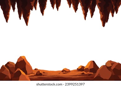 View from cave or tunnel vector frame in cartoon style. Cave landscape with place for text. Flat cartoon illustration with blank center