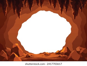 View from cave or tunnel vector frame in cartoon style. Cave landscape with place for text. Flat cartoon illustration with blank center