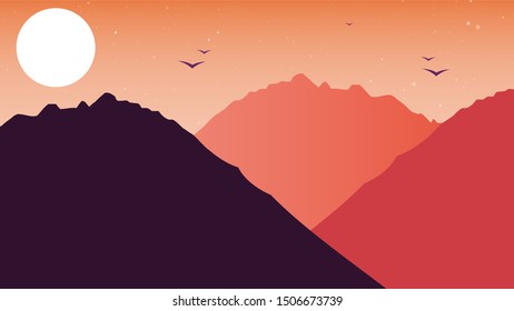 View of a chain mountain With flying bird gradient landscape