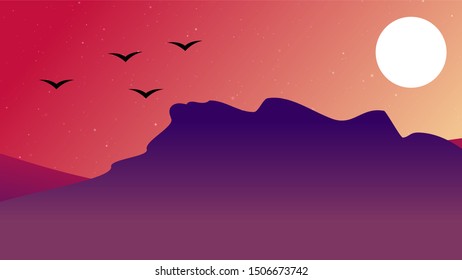 View of a chain mountain With flying bird gradient landscape