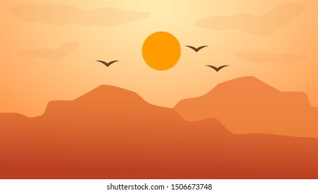 View of a chain mountain With flying bird gradient landscape