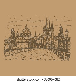 View from Charles Bridge, Prague, Czech Republic. Vector hand drawn sketch.
