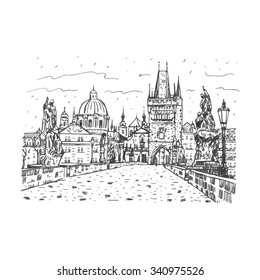 View from Charles Bridge, Prague, Czech Republic. Vector hand drawn sketch.