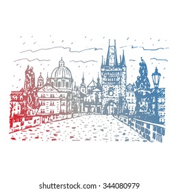 View from Charles Bridge, Prague, Czech Republic. Vector hand drawn sketch.