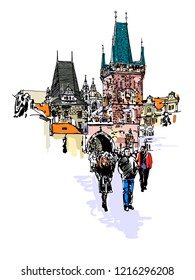 
A view of the Charles Bridge tower in Prague sketch drawing, Czech Republic, vector illustration