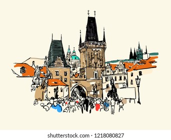 A view of the Charles Bridge tower in Prague sketch drawing, Czech Republic, vector illustration
