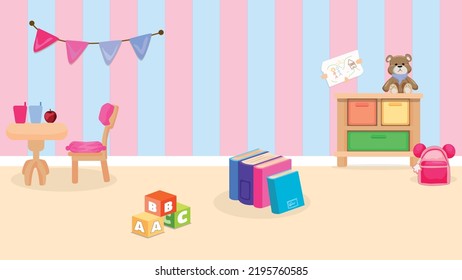 Vistas a una sala de juegos infantil con un contenido colorido. La vida con los niños, la educación y el desarrollo, los conceptos de producción de juegos educativos. habitación en blanco.