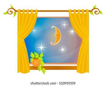 View the children's room at night. Moon and stars in the window, the plant on the windowsill and curtains. Vector illustration.