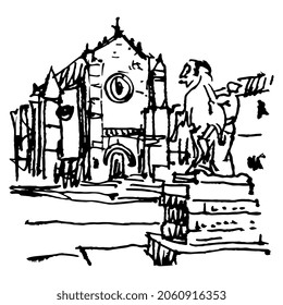 View of the Church of Santa Marina de Aguas Santas and the monument to the bullfighter Manolete. Córdoba or Cordova in Spain. Hand drawn linear doodle rough sketch. Black ink silhouette on white.