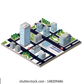 View of a city block to the railway station and transport