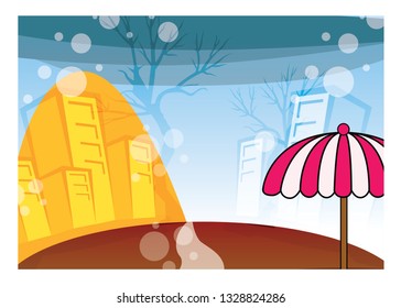 The view of the city center, rain