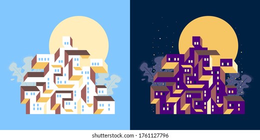 view of city at day and night. sun and moon illuminates the urban cityscape. modern building at geometric composition town. flat vector illustration.
