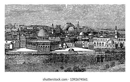 A View Of The City Of Jerusalem, Vintage Line Drawing Or Engraving Illustration.