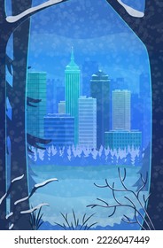 View of the city from the park. Night and winter. Vector illustration.