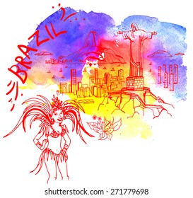 View of the city, Rio de Janeiro in watercolor style, includes a phrase Brazil