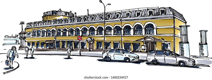 View of the city street. Sketch, linear drawing