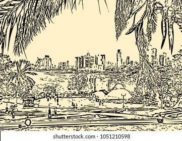 View of the city of Tel Aviv through the branches of a palm tree. pencil drawing on yellow paper 