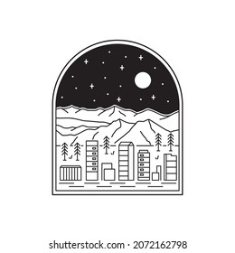 A view of a city under a mountain in mono line art ,badge patch pin graphic illustration, vector art t-shirt design