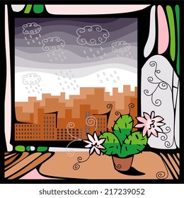 View of the city, where there is a rain out window with blooming cactus